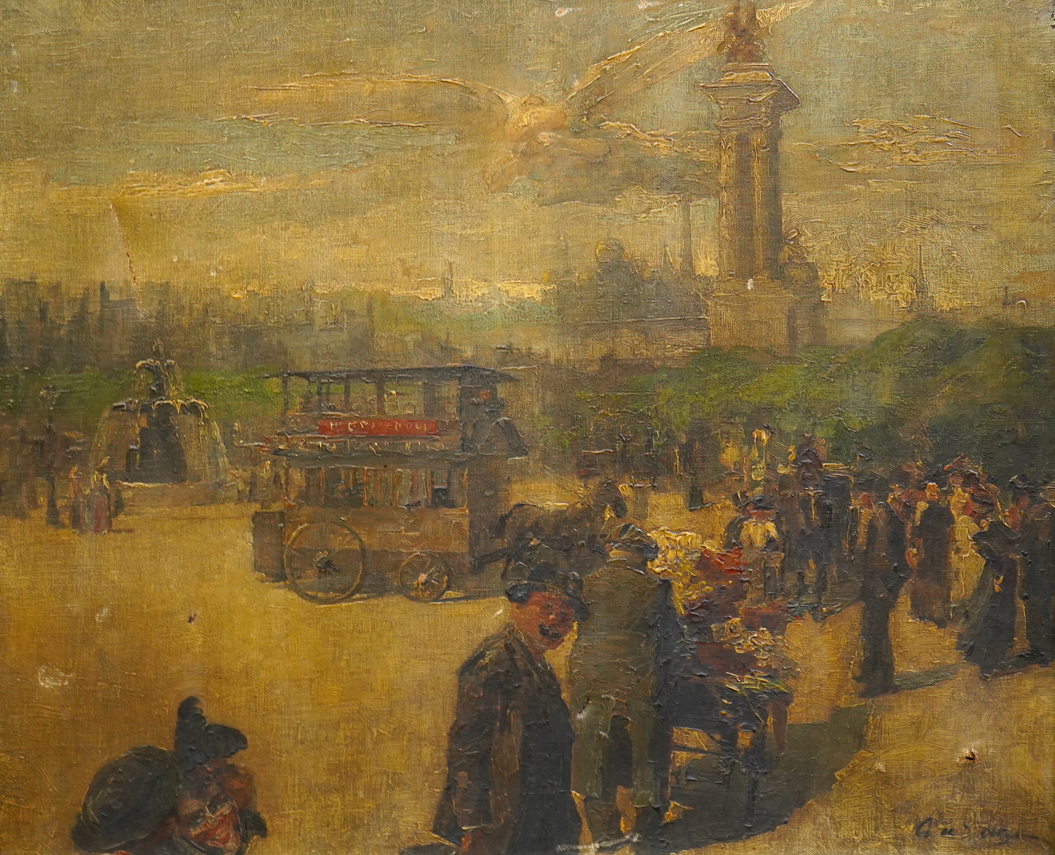 Impressionist School , Street scene with tram, fountain and triumphal arch, oil on canvas, 59 x 72cm